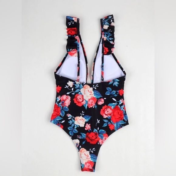 SHEIN Floral Ruffle Plunging One Piece Swimsuit - Picture 2 of 4